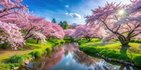 Serene landscape with sakura trees in full bloom surrounded by lush greenery and vibrant flowers, serene landscape, springtime