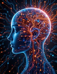 realistic artificial intelligence. computer mind connections head. human head with circuit board inside. engineering concept
