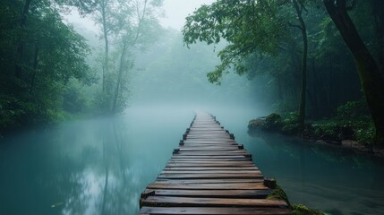 Misty forest river boardwalk