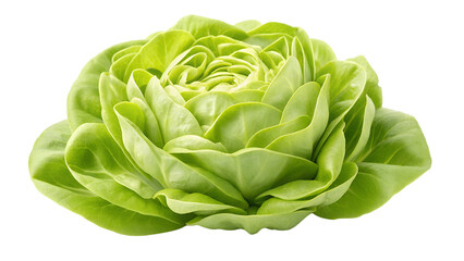 Fototapeta premium A vibrant green lettuce head, organically grown, displays its tightly packed leaves in a beautiful rosette formation, showcasing its freshness and healthy appearance.