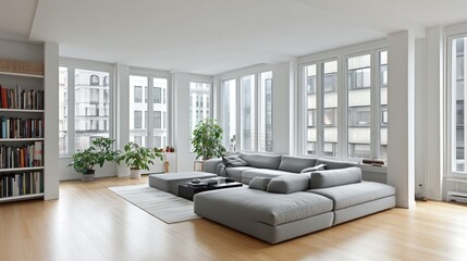 Fototapeta premium Spacious, bright interior living room with modern furniture.