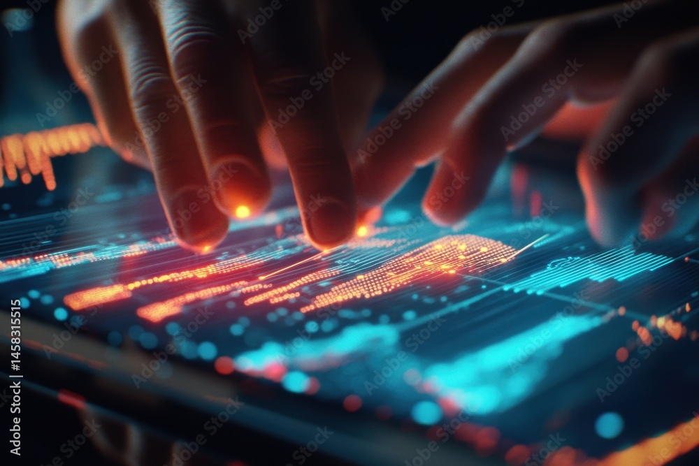 Poster closeup of hands interacting with a futuristic tablet displaying colorful data visualizations, close