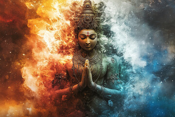 Meditative deity among the fire and ethereal elements, fantasy illustration.