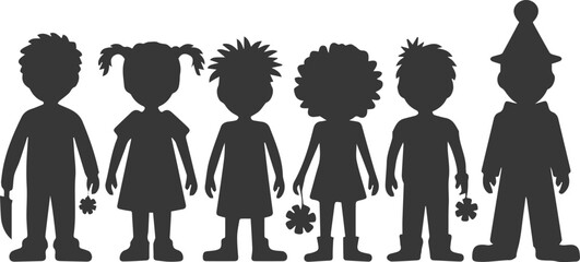 Silhouette vector of diverse children holding flowers and one with a birthday hat
