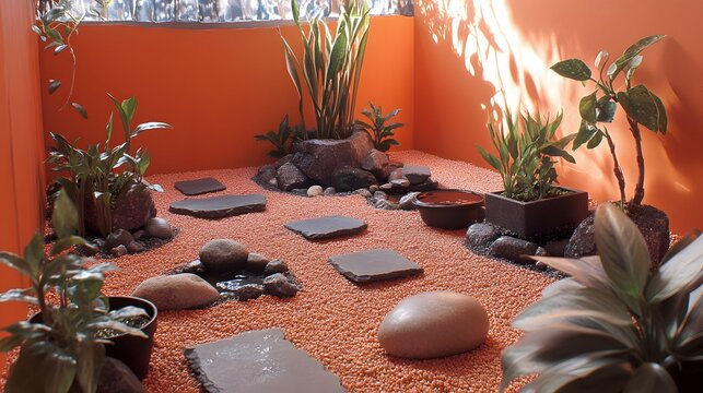 Miniature Zen Garden Landscape Design with Orange Gravel and Stepping Stones