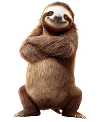Fototapeta premium Friendly cartoon sloth squatting with folded arms isolated on white background. 