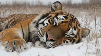 Obraz premium Majestic Siberian Tiger Resting in Winter Wonderland