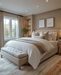 Fototapeta premium Luxurious bedroom, beige tones, large window, autumn trees