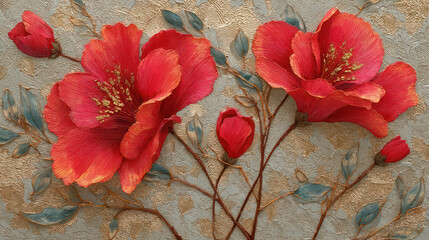 Beautiful spring red 3D flower with green leavs on decorative background as wallpaper illustration, Elegant Red Gold Flower	