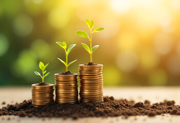 Stacked gold coins increasing in height, each topped with a growing green plant. Represents sustainable investment, eco-friendly financial growth, and environmentally conscious wealth accumulation. 