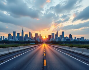 Fototapeta premium concrete road with city skyline commercial building background, illustration for product presentation template