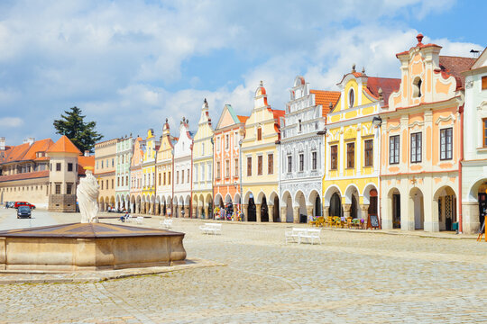 Telč Zacharias Square scenery with colorful Baroque houses, a typical townscape in the Czech Republic