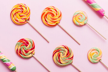 Set of colorful lollipops on colored background. Summer concept. Party Happy Birthday or Minimalist...