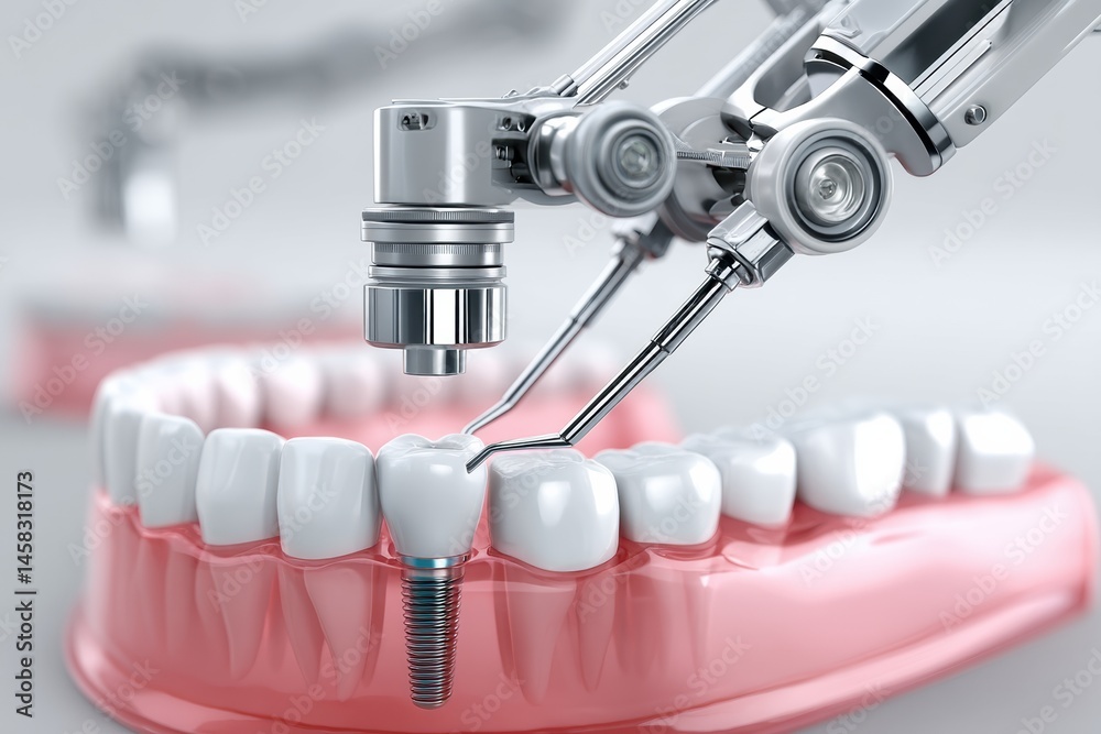 Poster dental robot arm performs precise implant insertion into gum model for advanced oral surgery practic