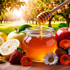 Golden Honey Jar with Citrus, Flowers, and Fresh Fruit in Sunlit Orchard