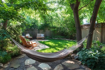 Cozy backyard retreat featuring hammock and relaxing patio space surrounded by trees, Cozy backyard with hammock between trees, and patio chairs in background
