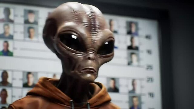 Elderly alien head with wrinkles in a technological room
