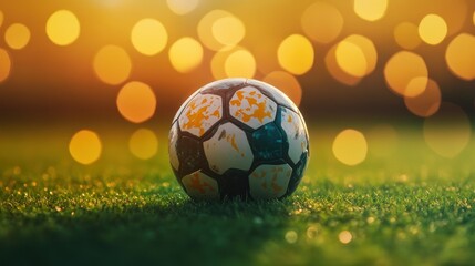 Fototapeta premium Soccer Ball on Grass at Sunset
