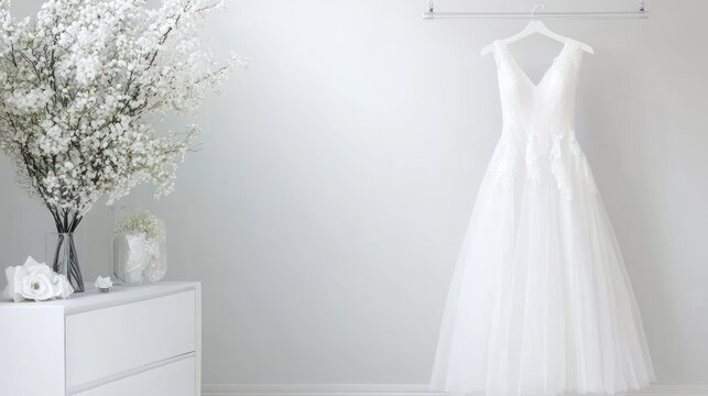 Elegant White Wedding Dress Hanging in a Minimalist Room