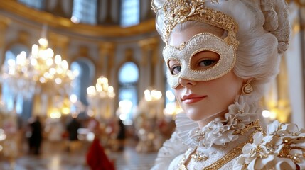 A Grand Masquerade Ball in an Opulent Historical Palace with Guests in Elegant 18th Century Costumes and Chandeliers