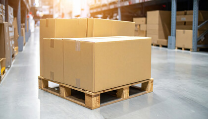 Cardboard boxes stacked on wooden pallet in warehouse setting, showcasing organized storage and logistics. warm light adds sense of productivity and efficiency to environment
