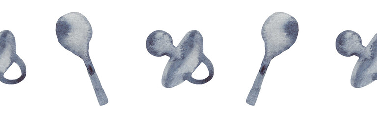 Watercolor border with silhouettes of a toy and a pacifier. Brush strokes in the form of blue silhouettes of bear.Silhouette of toy on white background.	