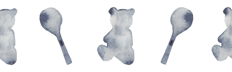 Watercolor border with silhouettes of a bear and a toy. Brush strokes in the form of blue silhouettes of bear.Silhouette of toy on white background.	