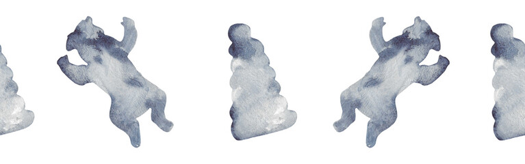 Watercolor border with silhouettes of a baby and a toy. Brush strokes in the form of blue silhouettes of bear.Silhouette of toy on white background.	