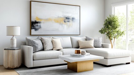 Fototapeta premium Spacious living room setting with a modern sofa, cozy pillows, a geometric coffee table, and a bold, abstract painting hanging on the wall above it creates a balanced aesthetic.