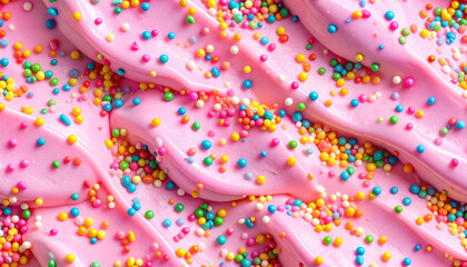 Delightful close up view of pink icing adorned with colorful sprinkles, creating vibrant and festive appearance that evokes joy and sweetness. Perfect for dessert lovers