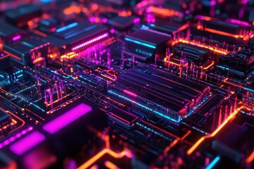 Obraz premium Neon microchip grid illuminating a vibrant urban landscape with augmented reality effects, 3d neon microchip city grid close spin