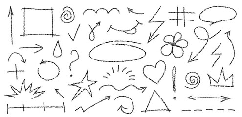 Chalk doodle hand drawn elements. Vector textured crayon textured outline sketch shapes, arrows, frames, heart
