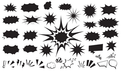 Comic burst explosion vector, comic boom elements, and speech bubbles in black and white picture of a circle, silhouettes. Ideal for comic designs, pop art, and retro style vector illustrations
