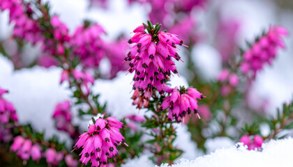 Fototapeta premium Heath flowers bloom vibrantly in snowy landscape, showcasing delicate pink petals against backdrop of white snow. This scene captures beauty of winter flora