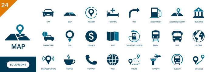 Map icon. Containing location pin, place, building, vehicle, contact, traffic jam. Solid vector icon set.