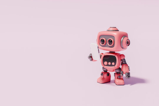 Pink robot holding a smartphone in a 3D rendering with a pastel background