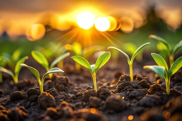 A young plant sprouting from the ground with sunlight and a green natural background