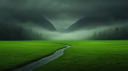Misty mountain stream green meadow landscape photography