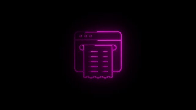 Glowing neon e-receipt icon.HD motion graphic video animation with neon effects.isolated on a black background.