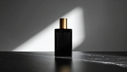 Elegant black perfume bottle with gold cap, set against minimalist background. soft light creates dramatic shadow, enhancing luxurious feel of product