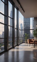 Luxury high-rise condo, stunning cityscape panorama,  building exterior,  sunset
