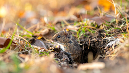 Fototapeta premium cute field mouse emerges from its burrow, surrounded by autumn leaves and grass. warm sunlight highlights its fur, creating charming and serene atmosphere in nature
