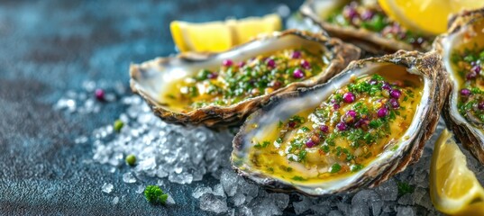 Succulent oysters on ice a garnished culinary delight