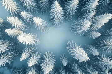 Beautiful winter forest covered in snow from above with tall trees and serene surroundings, Beautiful snow scene forest in winter Flying over of pine trees covered with snow