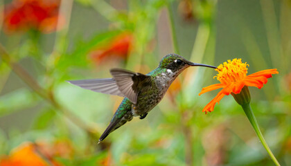 Fototapeta premium hummingbird gracefully feeding bright orange flower, showcasing its iridescent feathers and delicate wings lush garden setting. scene captures beauty of nature and intricate relationship