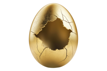 Cracked golden egg with hollow center isolated on white transparent background. The broken shell symbolizes wealth, fragility, and opportunity