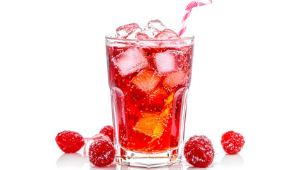 Sweet carbonated water with ice cubes in glass isolated on white