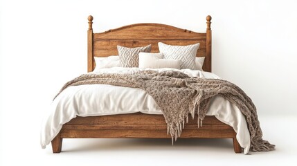 Ultra quality image of wooden double bed isolated on white background,Modern double bed mock up with pillows and blanket on isolated white background.