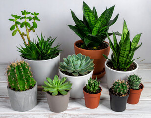 Obraz premium assortment of various succulent plants displayed in decorative pots, showcasing range of shapes and sizes. greenery adds refreshing touch to any space, creating lively atmosphere