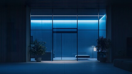 Glass facade of an office building, illuminated by artificial lamplight in a cool blue tone, showcasing a contemporary and serene aesthetic. 